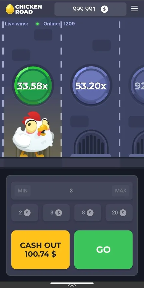 زر Cash out بقيمة 100.74 USD عند مضاعف x33.58 في تشيكن رود