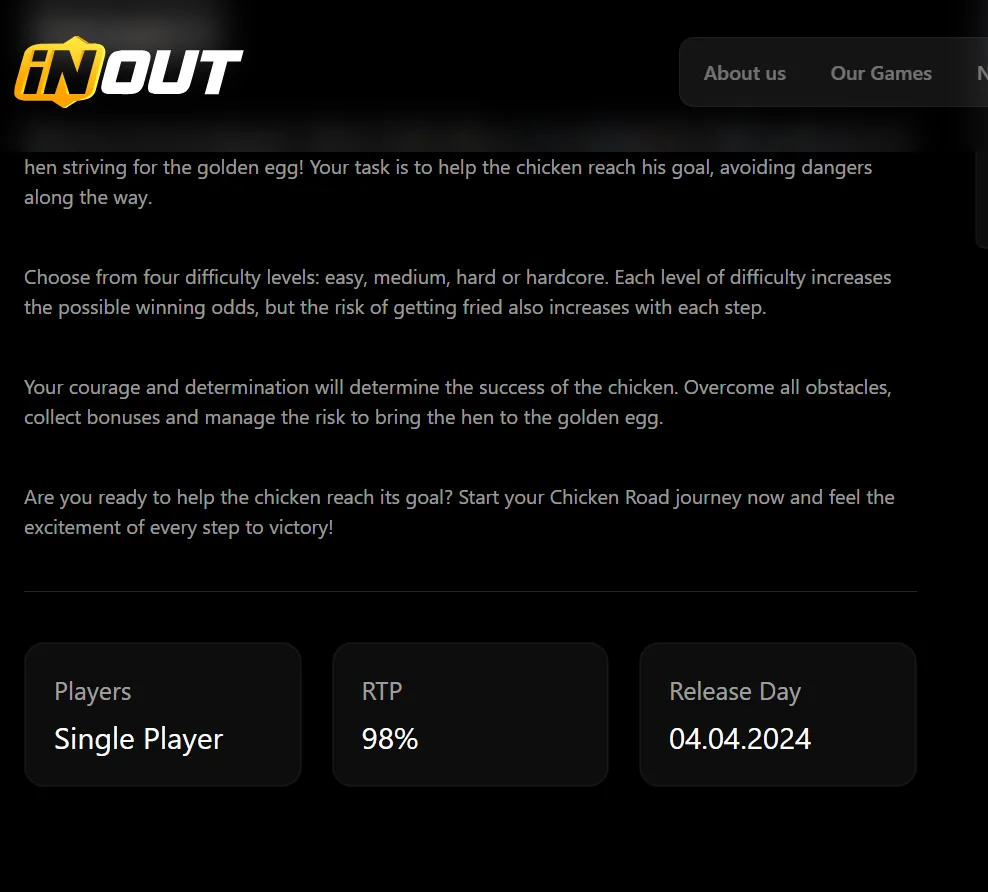 صفحة اللعبة على موقع InOut Games: نسبة RTP 98% وتاريخ الإصدار 04.04.2024