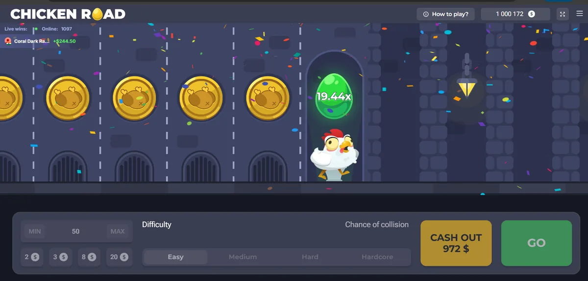ربح حقيقي في Chicken Road: مضاعف x19.44 وسحب 972 USD